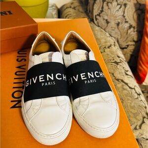 Givenchy White Leather Slip-On Sneakers with Black Logo Band